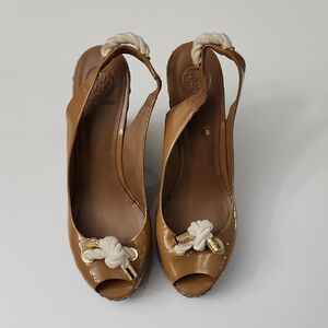 Tory Burch Patent Leather Slingback Pumps Peep-Toes with Braided Accents Size 10